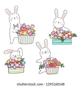Draw vector set cute rabbit with flower in flowerpot.Spring concept.Doodle style.