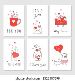 Draw vector set greeting card for Valentine's day with little heart.Doodle style.