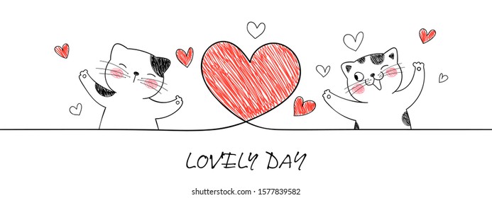 Draw vector sketch outline character banner happy cat with red heart for Valentine's day.Love concept.Doodle cartoon style.