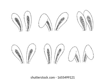 Draw vector sketch outline rabbit ears on white for Easter day concept.Doodle cartoon style.