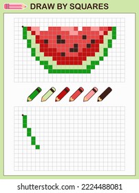 Draw watermelon by squares. Copy the picture. Game for kids.