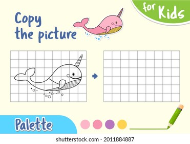Draw an whale by cells, Game for small children. Copy the picture and color it. Pink unicorn whale cartoon, drawing skills training. Kids preschool activity. vector illustration. 