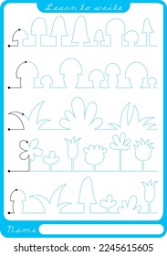 Draw without taking your hands off. Preschool worksheet for practicing fine motor skills - tracing dashed lines. Tracing Worksheet.  Illustration and vector outline - A4 paper ready to print.