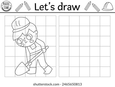 Draw the worker. Vector construction site drawing practice worksheet with builder digging with spade. Printable black and white activity for kids. Copy or complete the picture coloring page
