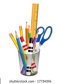 Draw and Write Tools in a desk organizer for office, home and school projects: pencils, pens, ruler, scissors, felt tip markers, colored pencils. EPS8 compatible.