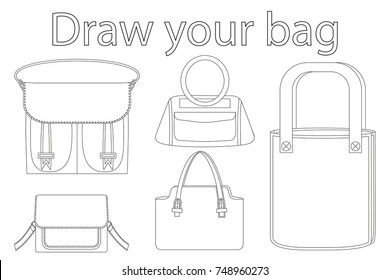 Draw your bag black and white poster. Coloring book page for adults and kids. Flat vector illustration for gift card, flyer certificate, banner, sticker, badge, sign stamp, logo, banner, icon or label
