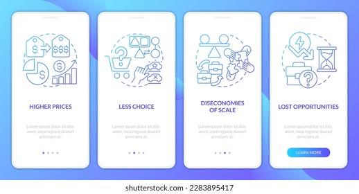 Drawbacks of mergers blue gradient onboarding mobile app screen. Diseconomies walkthrough 4 steps graphic instructions with linear concepts. UI, UX, GUI template. Myriad Pro-Bold, Regular fonts used