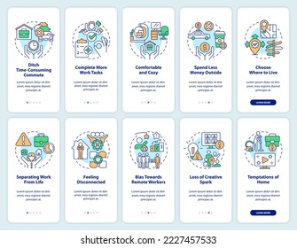 Drawbacks and pros of remote working onboarding mobile app screen. Walkthrough 5 steps editable graphic instructions with linear concepts. UI, UX, GUI template. Myriad Pro-Bold, Regular fonts used
