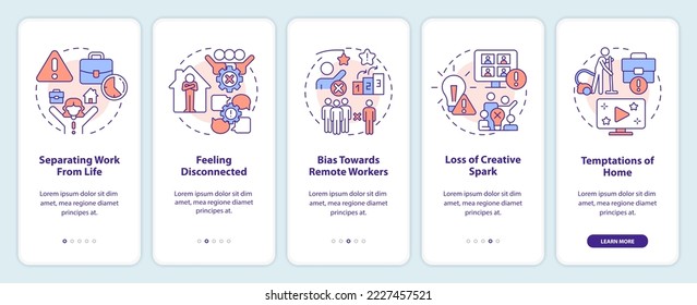 Drawbacks of work from home onboarding mobile app screen. Remote job walkthrough 5 steps editable graphic instructions with linear concepts. UI, UX, GUI template. Myriad Pro-Bold, Regular fonts used