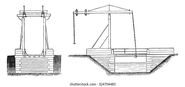 Drawbridge of the Marne-Rhine canal, near Bar-le-Du, vintage engraved illustration. Industrial encyclopedia E.-O. Lami - 1875.
