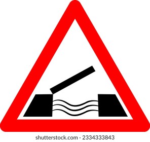 Drawbridge sign. Warning sign drawbridge. Red triangle sign with silhouette drawbridge inside. Caution drawbridge over water. Road sign.