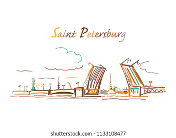 Drawbridge, symbol of Saint Petersburg, Russia. Sketch for your design