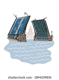 Drawbridges on the Neva river in St. Petersburg. Saint-Petersburg city sight vector illustration.