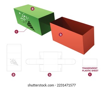 Drawer box with stenciled confetti cover die cut template and 3D mockup