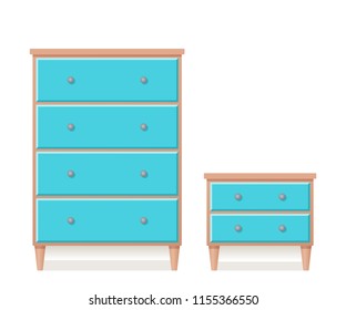 Drawer chest, dresser, bedside table. Vector. Furniture icon in flat design. Wooden cartoon house equipment for bedroom and living room isolated on white background. Cartoon illustration.