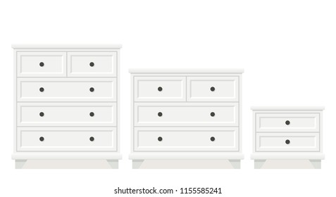 Drawer chest, dresser, bedside table. Vector. White furniture icon in flat design. Cartoon house equipment for bedroom and living room isolated on white background.