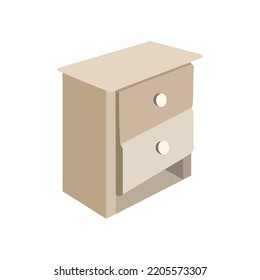 Cajón, cómoda, mesita de noche. Vector. Icono de mobiliario de madera en diseño plano. Equipo de caricatura para dormitorio y sala de estar aislado en fondo blanco.