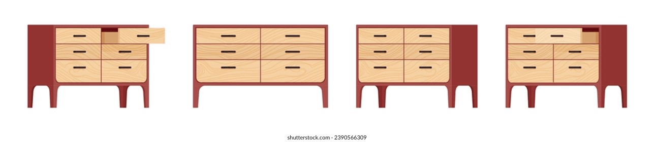 Drawer chest, dresser, nightstand storage, bedroom wooden set. Closet, living room, entry table item for organizing. Vector flat style cartoon home, office furniture objects isolated, white background