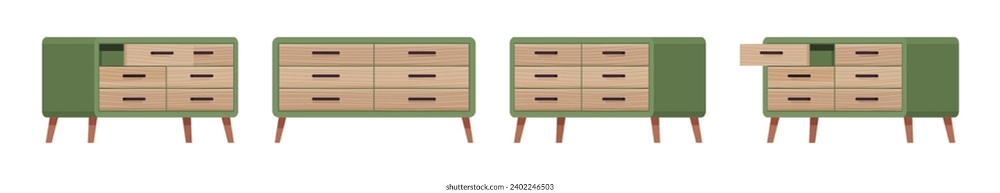 Cajón de cajón, cómoda, mesa de noche, conjunto verde del dormitorio. Armario, sala de estar, elemento de mesa de entrada para la organización. Hogar de dibujos animados de estilo plano vectorial, objetos de mobiliario de oficina aislados, fondo blanco