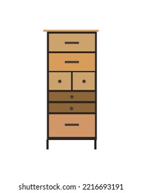 Drawer Chest Isolated On White Background. Traditional Wooden Seven Doors Bedroom Chest Of Drawer Table. Wood Dresser. Bureau, Cabinet. Mid Century Modern Furniture Flat Vector Illustration Isolated.