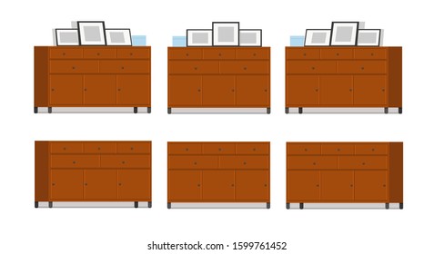 drawer design with some items such as picture frames and box in flat cartoon style
