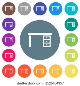 Drawer desk flat white icons on round color backgrounds. 17 background color variations are included.