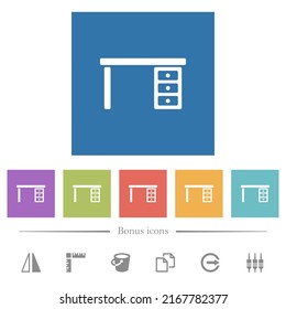 Drawer desk flat white icons in square backgrounds. 6 bonus icons included.
