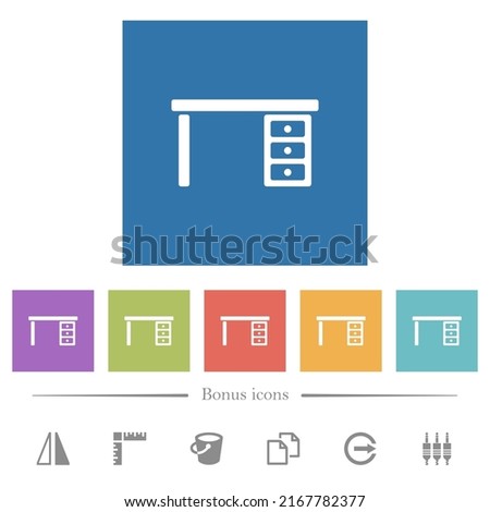 Drawer desk flat white icons in square backgrounds. 6 bonus icons included.