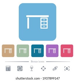 Drawer desk white flat icons on color rounded square backgrounds. 6 bonus icons included
