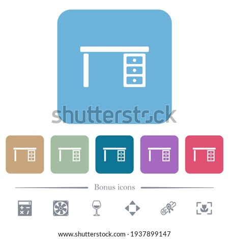 Drawer desk white flat icons on color rounded square backgrounds. 6 bonus icons included
