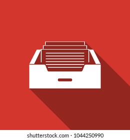 Drawer with documents icon isolated with long shadow. Archive papers drawer. File Cabinet Drawer. Office furniture. Flat design. Vector Illustration