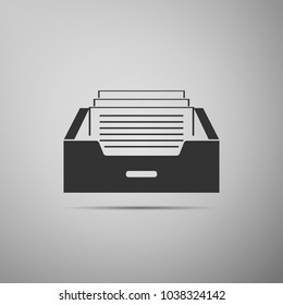 Drawer with documents icon isolated on grey background. Archive papers drawer. File Cabinet Drawer. Office furniture. Flat design. Vector Illustration