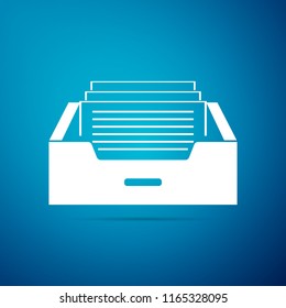 Drawer with documents icon isolated on blue background. Archive papers drawer. File Cabinet Drawer. Office furniture. Flat design. Vector Illustration