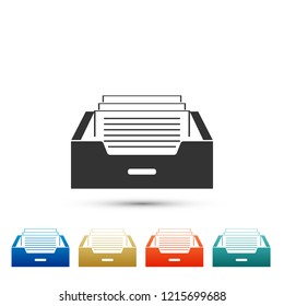 Drawer with documents icon isolated on white background. Archive papers drawer. File Cabinet Drawer. Office furniture. Set elements in colored icons. Flat design. Vector Illustration