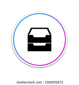 Drawer with documents icon isolated on white background. Archive papers drawer. File Cabinet Drawer. Office furniture. Circle white button. Vector Illustration