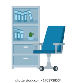 drawer furniture with books and chair office vector illustration design