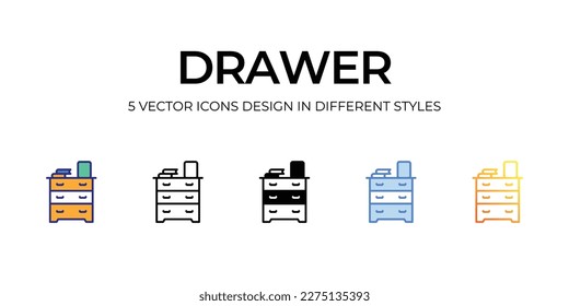 drawer Icon Design in Five style with Editable Stroke. Line, Solid, Flat Line, Duo Tone Color, and Color Gradient Line. Suitable for Web Page, Mobile App, UI, UX and GUI design.