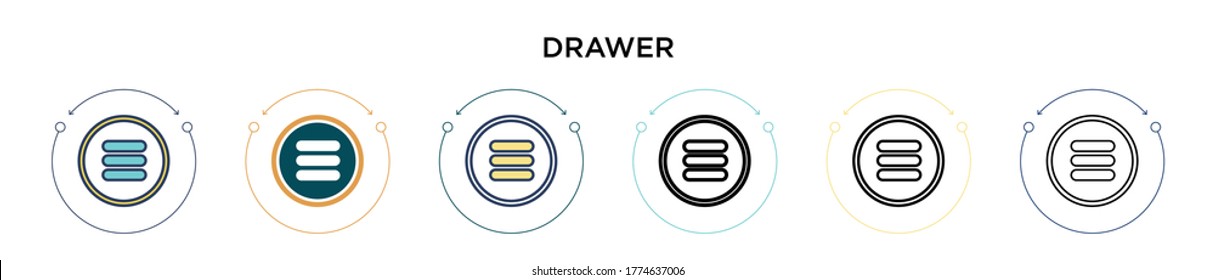 Drawer icon in filled, thin line, outline and stroke style. Vector illustration of two colored and black drawer vector icons designs can be used for mobile, ui, web
