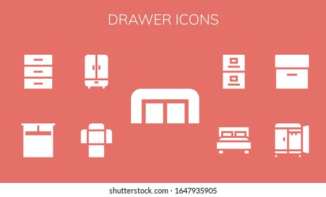 drawer icon set. 9 filled drawer icons. Included Sofa, Wardrobe, Double bed, Cabinet, Archive, Filing cabinet icons