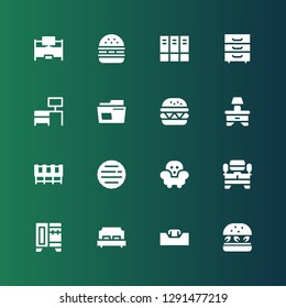 drawer icon set. Collection of 16 filled drawer icons included Hamburger, Desk, Double bed, Wardrobe, Tv table, Furniture, Cabinet, Bedside table, Archive