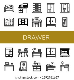 drawer icon set. Collection of Sofa, Menu, Desk, Closet, Drawers, Wardrobe, Bedside table icons