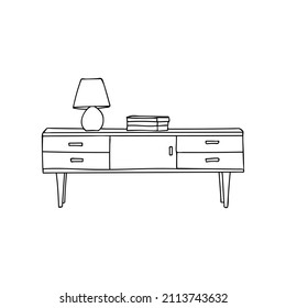 Drawer with lamp and books on it. Doodle drawer icon in vector. Hand drawn cupboard icon in vector