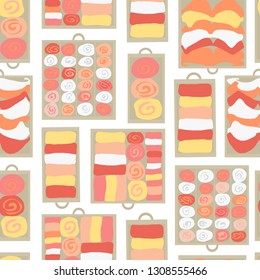 Drawer organization seamless vector background. Closet organization illustration. Tidy up pattern. Declutter and tidying up concept. Different drawers with folded clothes. Bras, socks, shirts.