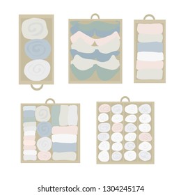 Drawer organization Vector icon set. Closet organization illustration. House keeping. Tidy up. Declutter and tidying up concept. Different drawers with folded clothes. Bras, socks, shirts in drawers