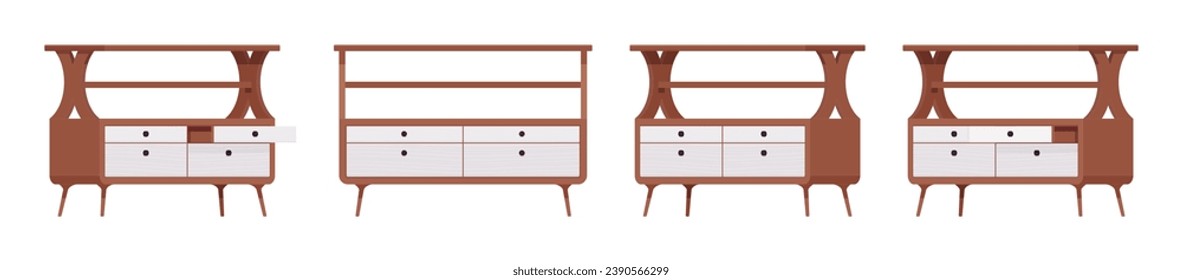 Drawer small nightstand with open shelf, flat tabletop set. Bedroom, entryway table, display for lamp, photos. Vector flat style cartoon home, office furniture objects isolated on white background