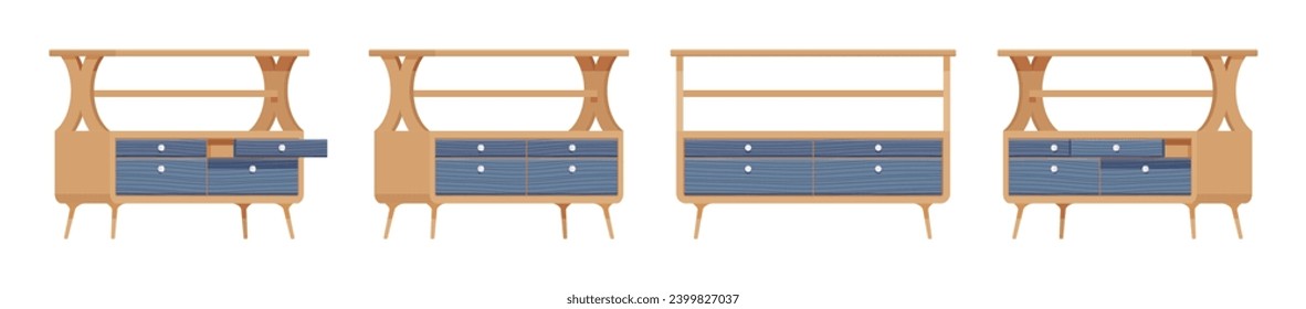 Drawer small yellow nightstand with open shelf, flat tabletop set. Bedroom, entryway table, display for lamp, photos. Vector flat style cartoon home, office furniture objects isolated white background