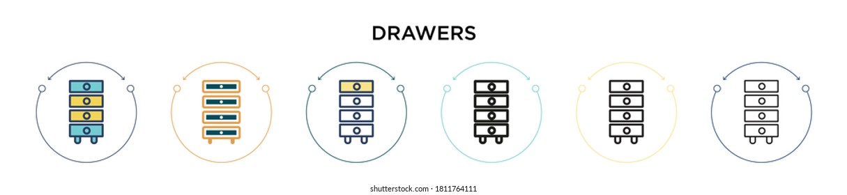 Drawers icon in filled, thin line, outline and stroke style. Vector illustration of two colored and black drawers vector icons designs can be used for mobile, ui, web