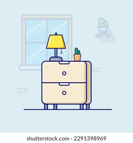 Drawers With Lamp Cactus Vector, Illustration, Flat Icon