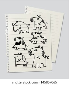 Drawinf of pigs and piggys on linked paper sheet