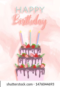 Drawing of 3 tier birthday cake in pastel pink watercolor background. Cake decorated with chocolate ganache, strawberries, chocolate balls, and 3 candles on top.